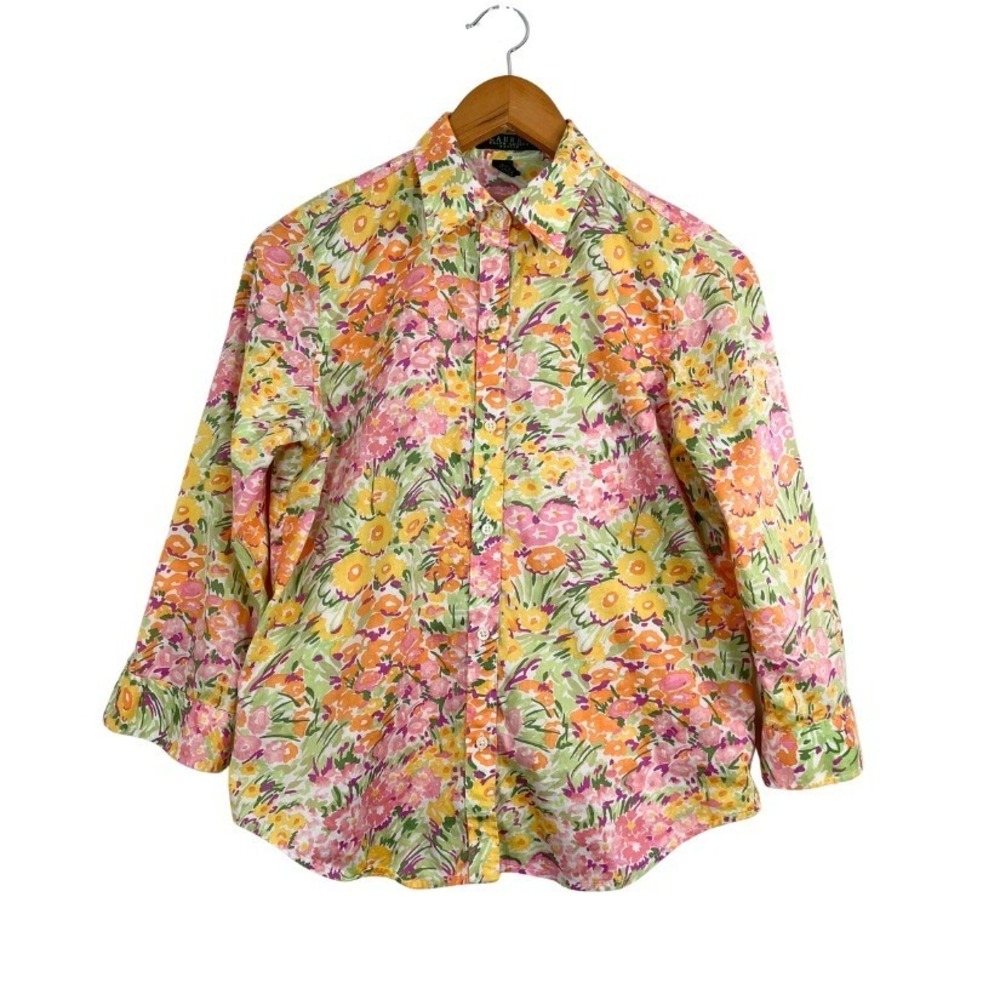 Lauren Ralph Lauren Petite Floral Button Front Shirt Pink Yellow Cotton Top PM